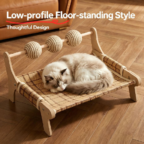 Rattan Mat Recliner Cat Bed with Sisal Ball